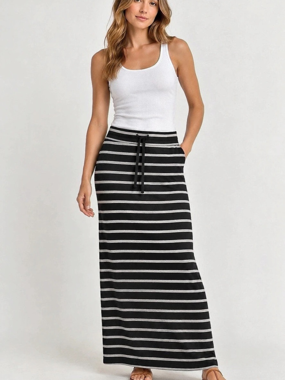 Lou & Grey Black Ivory Striped Drawstring Maxi Skirt 36”